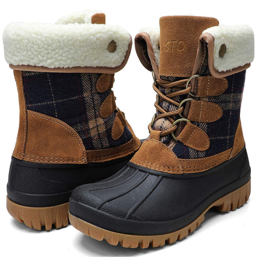 STQ Womens Insulated Winter Snow Boots Waterpoof Duck Boots, Navy/Tan 8 M US